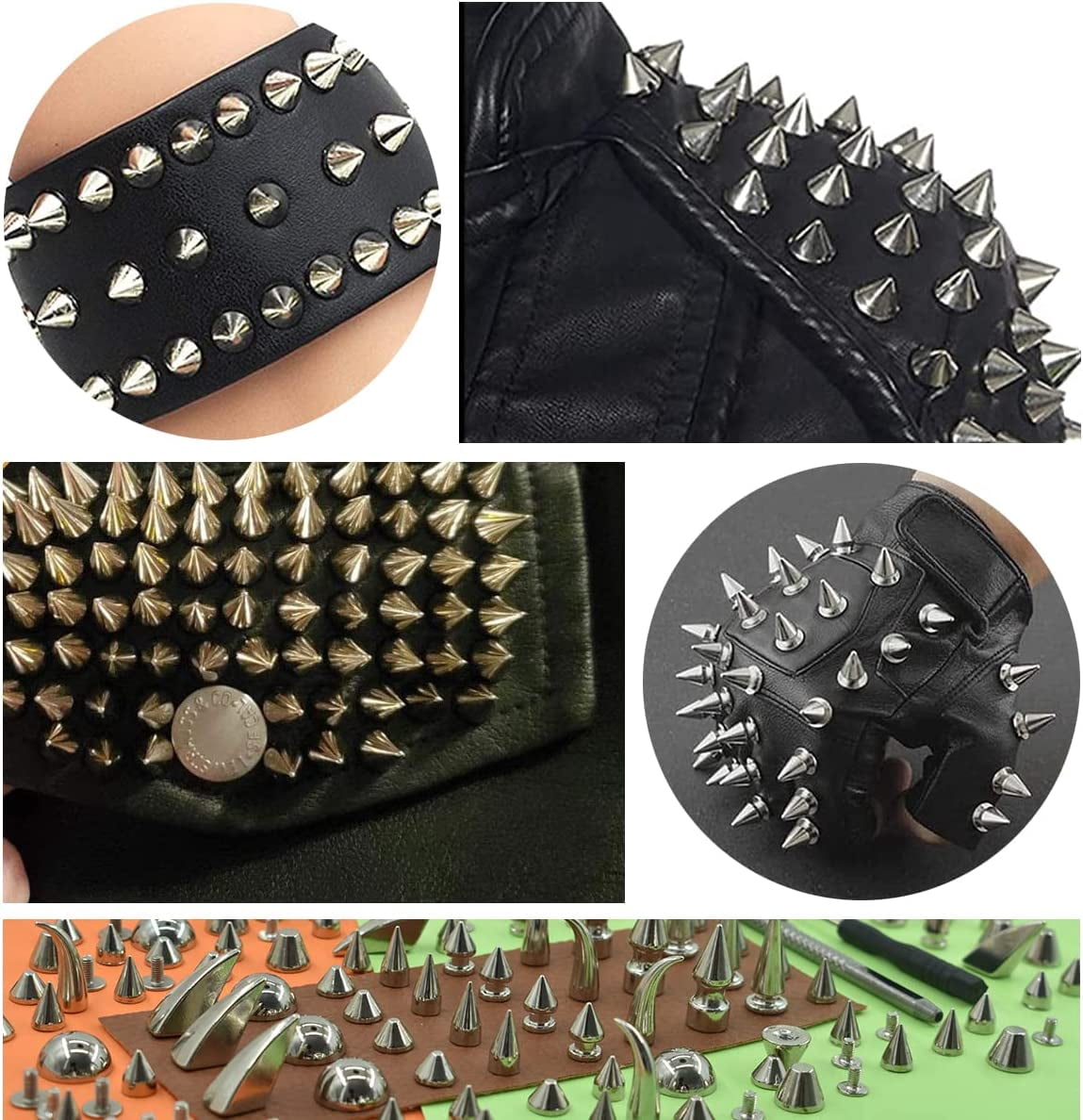 150 Set Punk Spike Rivets Kit, 13 Type Large Studs and Cone Spikes Screw Back Bullet Cone Studs with Install Tools for DIY Project, Necklace Jacket Vest Shoes Boot Leather Crafts (Silver)