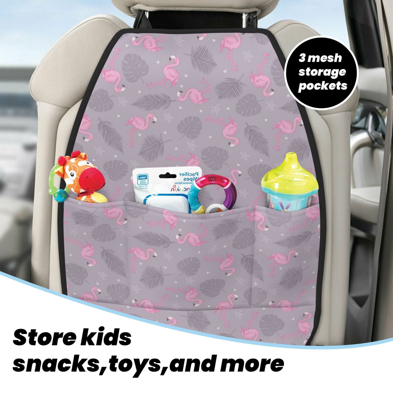 Kdxio Flamingo Print 2 Pack Car Kick Mat Seat Cover Back Protector Mat with Pockets for Organizer Backseat Protector and Storage Anti Kick Pad for Vehicles