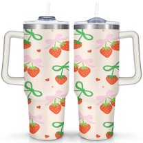 Strawberry Bow 40 Oz Tumbler with Handle Lid and Straw, Stainless Steel Double Walled Vacuum Insulated Cup, Cute Anniversary Wedding Birthday Gifts Tumbler for Women Men Friends Outdoor Indoor