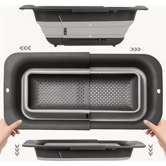 Collapsible Colander Strainer, Expandable Over the Sink Colander for Kitchen, Adjustable Silicone Sink Strainer, Foldable Large Colanders Basket to Wash Vegetable, Fruit, 15" to 19.8", Gray