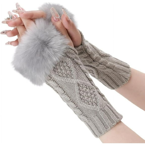 2 Pairs Furry Fingerless Mittens Light Grey Soft Fluffy Knit Gloves Thumb Hole Knitting Arm Warmers Winter Crochet Faux Fur Wrist Sleeves for Women Writing Painting Activity Outings Driving