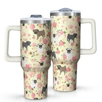 OBREWU Pugs and Flowers Tumbler with Handle and Lid,Pugs and Flowers 40oz Double Wall Vacuum Insulated Tumbler,Cups Gift for Women and Men