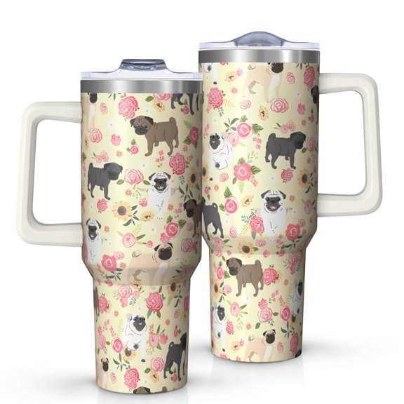 OBREWU Pugs and Flowers Tumbler with Handle and Lid,Pugs and Flowers 40oz Double Wall Vacuum Insulated Tumbler,Cups Gift for Women and Men