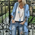 thumbnail image 2 of Women Summer Tops Women Fashion Boho Printed Sunscreen Half Sleeve Loose Sheer Chiffon Cardigan Womens Oversized Top Womens Short Sleeve Long Shirt Satin Button up Loose Shirt V Neck T Fall Blue L, 2 of 5