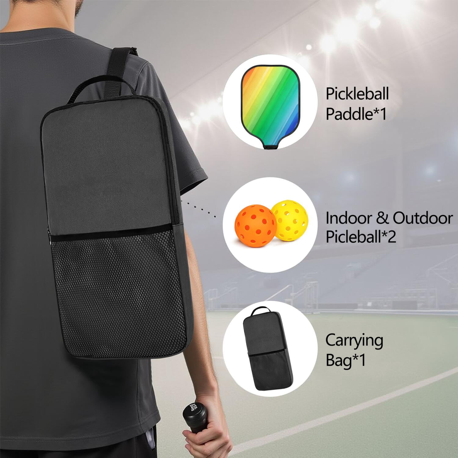 Pickleball Paddles Set Of 1, Fiberglass Surface, Vibrant Rainbow Print, 1 Paddle, 2 Balls & Bag