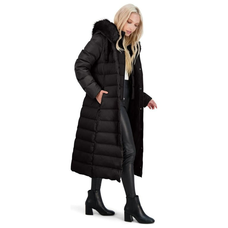 T tahari jacqueline faux best sale fur trim maxi puffer coat