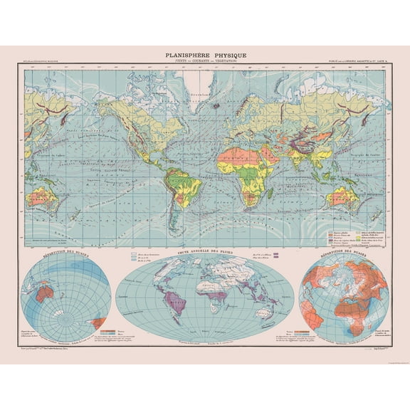 Historic Map - Physical Planisphere - Schrader 1908 - 29.54 x 23 - Vintage Wall Art