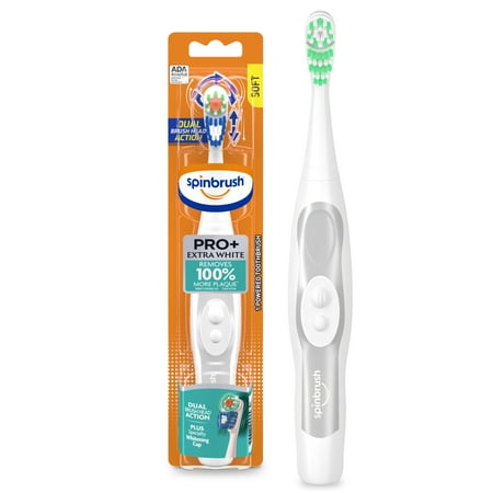 Spinbrush PRO+ Extra White Electric Toothbrush, Battery-Operated Toothbrush, Soft Bristles with Whitening Cup