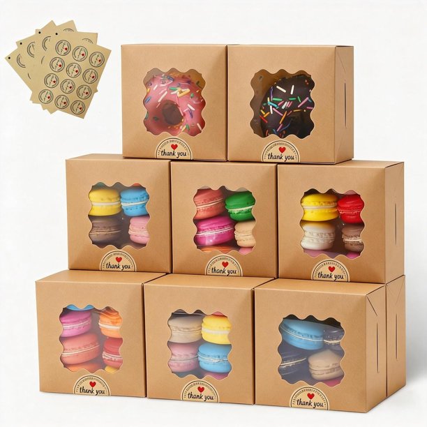 Cajas para postres de carton con tapa transparente, adecuado para galletas, pasteles, muffins y productos horneados. (Marrón)