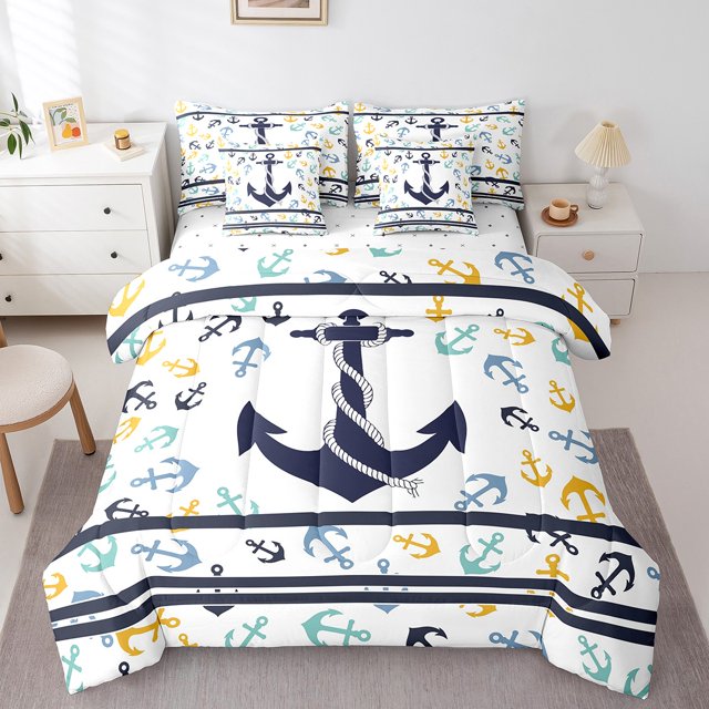 Erosebridal Colorful Anchor Print Bedding Sets Twin Size, Nautical Comforter Sets with Sheets, Reversible 7-Piece