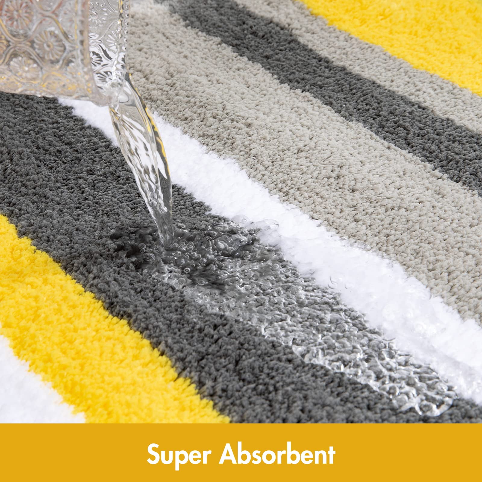qtess Fluffy Bathroom Rugs Bath Mats Rugs Microfiber Striped Shower Rug Absorbent, Soft and Plush Machine Washable Non Slip Carpet Quick Dry for Bathroom Floor Tub, 16x24 Inch, Yellow-Grey