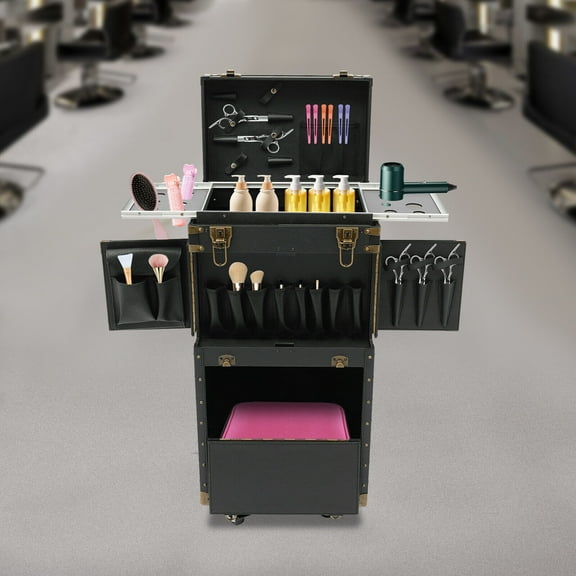 DENEST Portable Rolling Makeup Stylist Makeup Train Hair Salon Case Clipper Trimmer Box