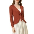 thumbnail image 5 of INSPIRE CHIC Women's Tie Front Long Sleeve Ruffled Hem Open Front Knit Cardigan XS Brown Red, 5 of 8