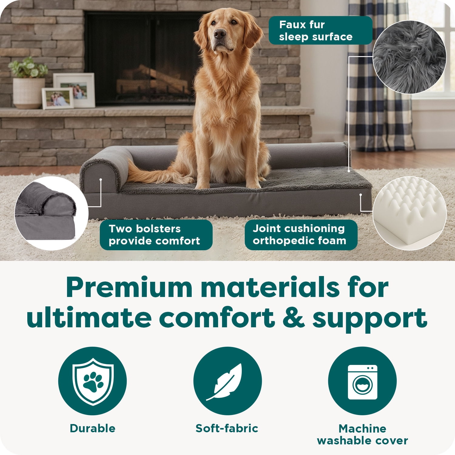 FurHaven Pet Products Jumbo Embossed Faux Fur & Suede Orthopedic Deluxe L-Chaise Dog Bed, Gray
