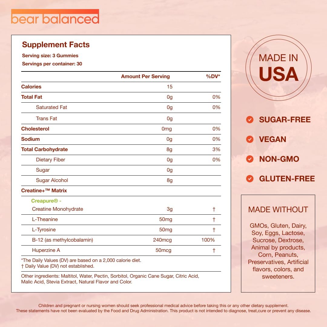 Bear Balanced Creatine Gummies, Muscle Growth Support for Men and Women, Peach Mango, 90 Count