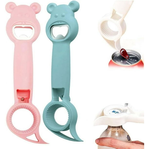 Abridor de Tapas Manual 4 En 1 con Forma de Oso (2 Unidades) - Abrelatas de Botellas, Frascos y Latas para Personas Mayores y Personas con Artritis, Herramienta de Cocina de Acero Inoxidable (7,9 X 2