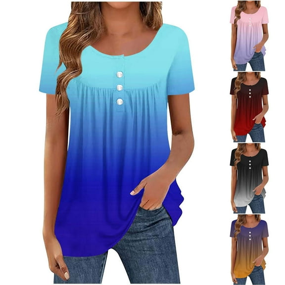 New Summer Arrivals Olyvenn Short Sleeve Shirts for Women Cute Tie Dye Plus Size Tops Pleated Button Down Shirt Casual Basic Summer Blouses Black L