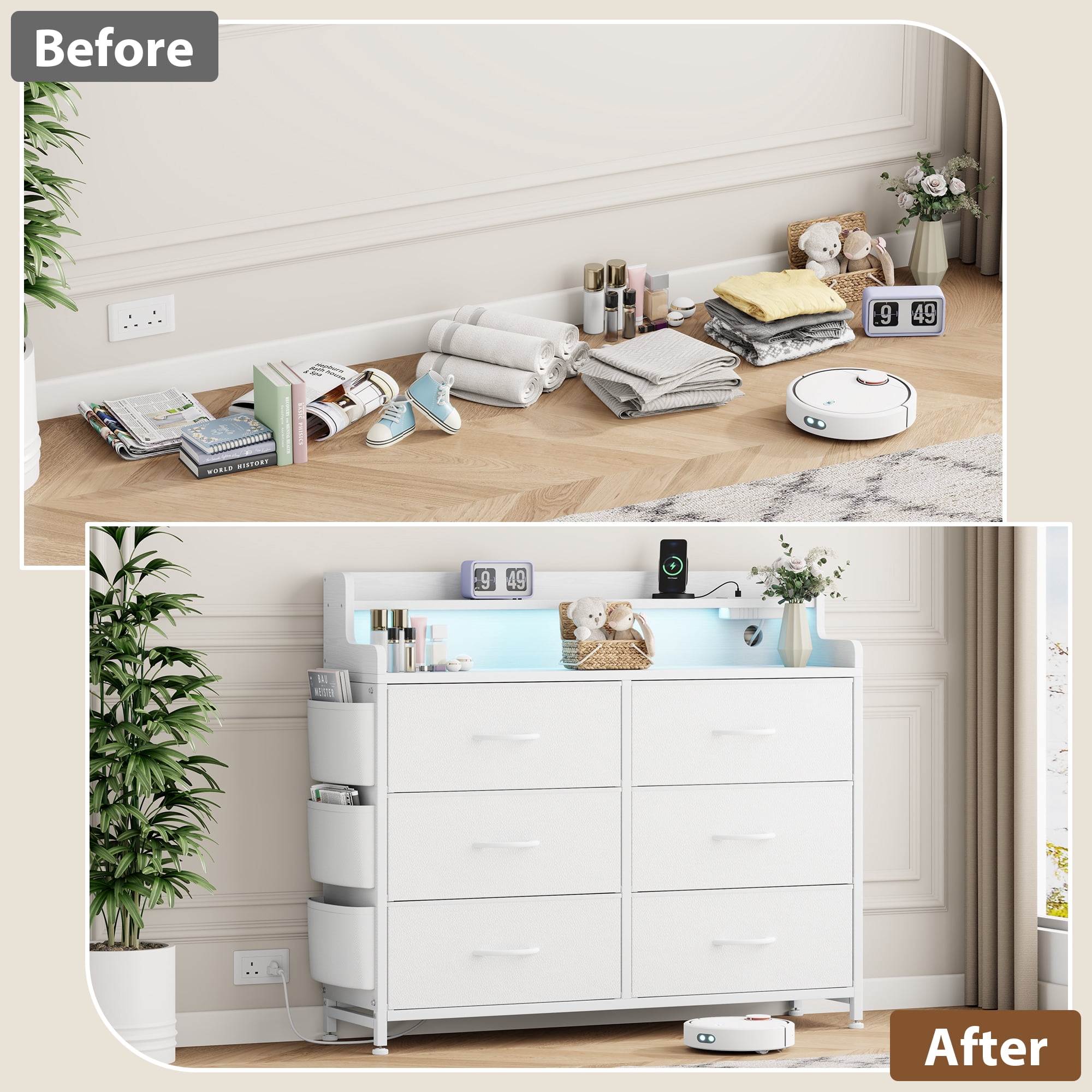 LainTene Dresser for Bedroom, 6 Drawer Dresser with LED Lights and Charging Station, Wide Chest of 6 Drawers with Open Space, Modern Large Capacity Storage Cabinet, Living Room, Hallway