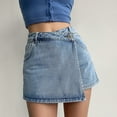 thumbnail image 2 of High-Waisted A-Line Denim Shorts with False Two-Piece Design Light Wash Stretch Skort for Women Summer Casual Butt-Lifting Shorts with Distressed Details and Adjustable Belt, 2 of 6