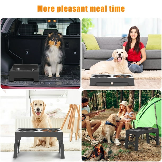 Portable Travel Pet Bowl With Handle & Stainless Steel Basin - Adjustable Dog & Cat Feeding Bowl For On-the-Go