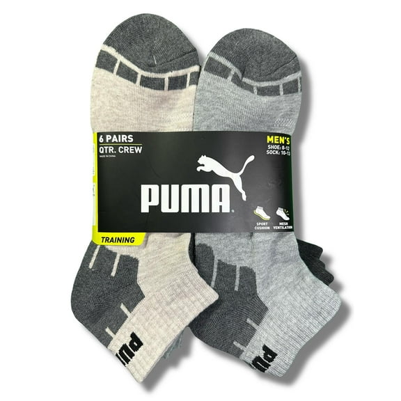 PUMA SOCKS MEN'S - QUARTER CUT - CUBE 253 - SAND GREY - LARGE (10-13) PACK 6 XX