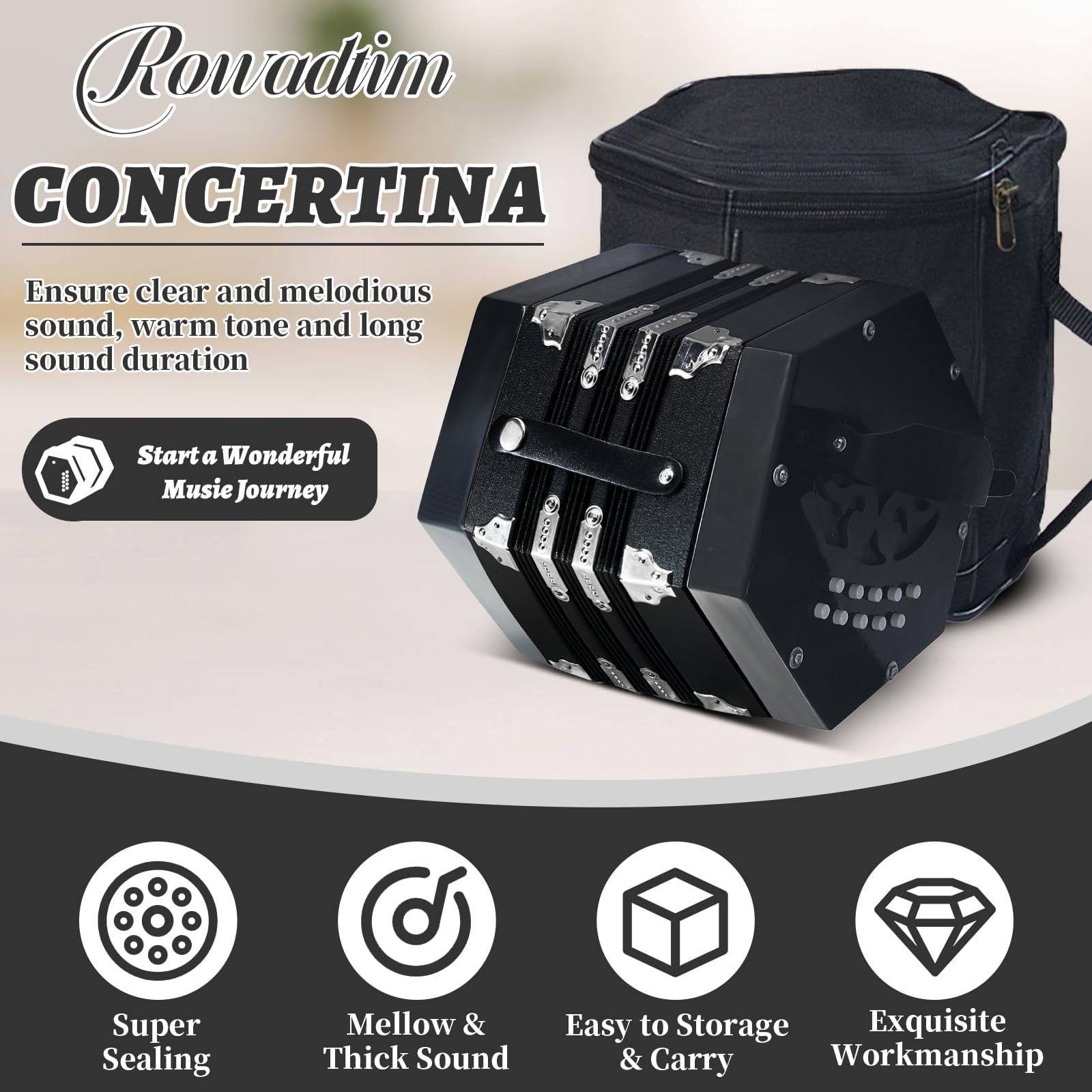 Concertinas,20-Key Accordion for Adults, Professional Accordion for Beginners, Adjustable Hand Straps, Instrument Accessories (Black)