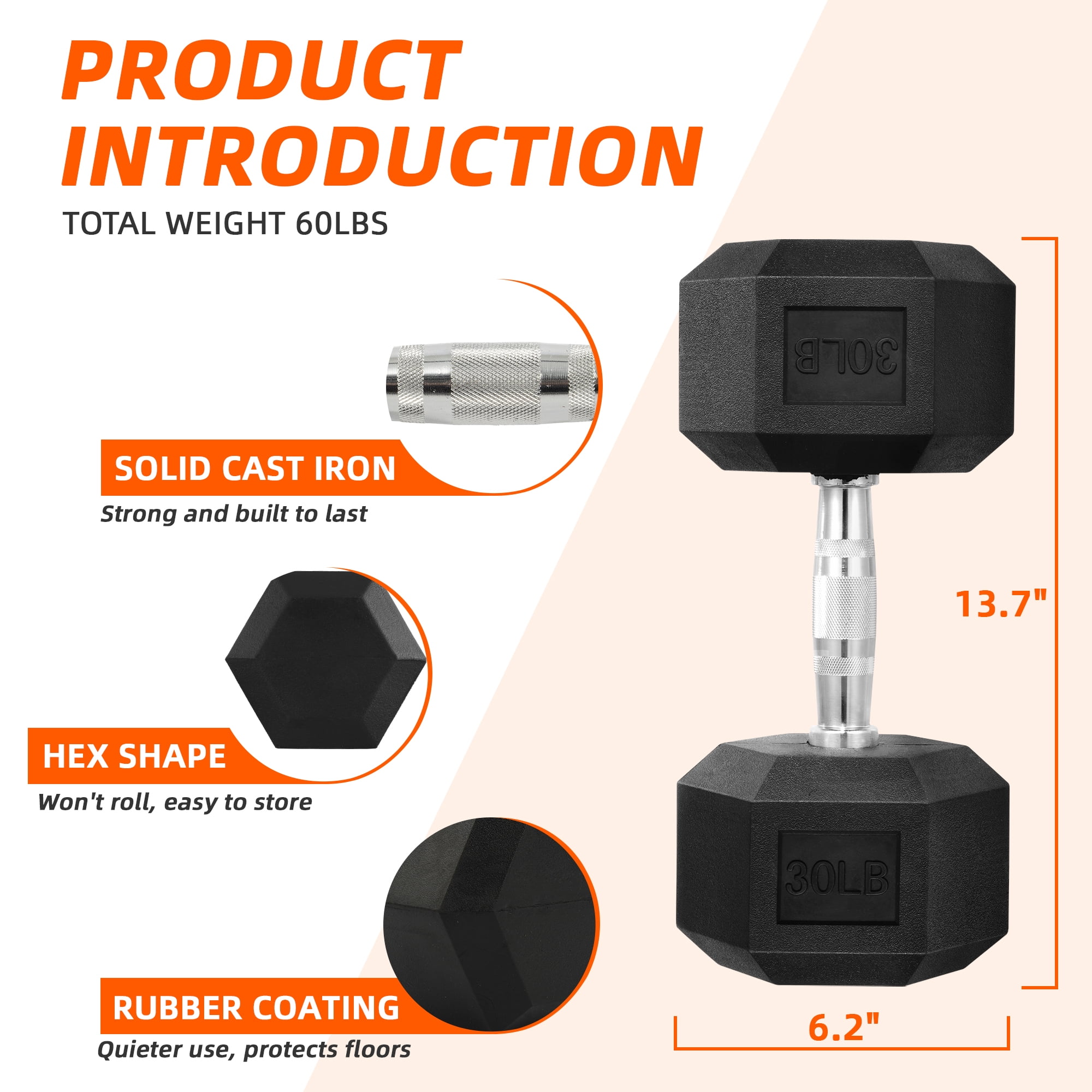 FlexWave Rubber Encased Hex Dumbbell – 10-50 lb, Black, Durable Non-Slip Weights for Home & Gym Workouts
