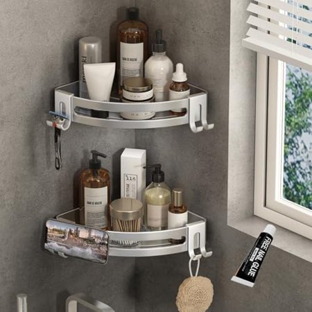Shower Corner Shelf Caddy 2 Pack shower Organizer No Drill (adhesive mounting no suction cup) Shower Storage Rust Proof Bathroom Corner Wall Shelf shampoo holder Silver