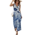 thumbnail image 2 of Blue Chinoiserie Toile Fish Womens Night Club Maxi Dress V Neck Sleeveless Bohemia Long Dresses, 2 of 9