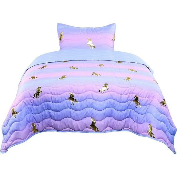 Tadpoles 2-Piece Girls Unicorn Quilt Set | 1 Twin Bed Size Quilt & 1 Standard Sham | Made of 100% Micro-denier Polyester Fiber | Soft, Smooth & Durable | Ideal for Teens | Metallic Gold Unicorns
