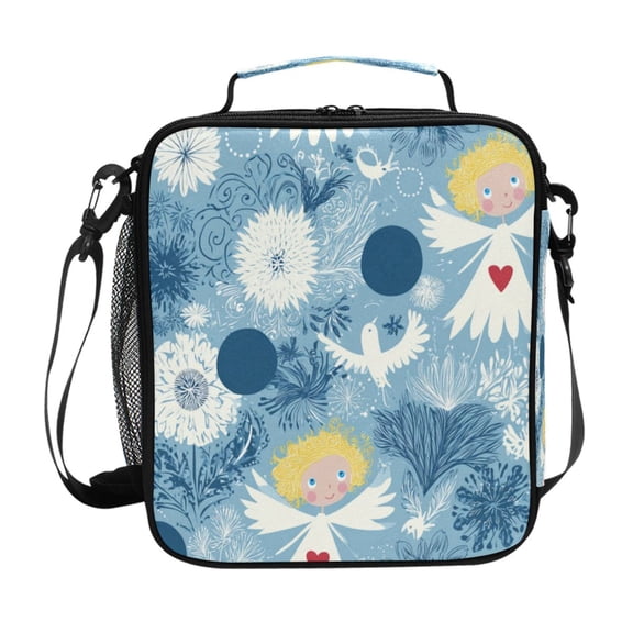 Square Insulated Lunch Bag Reusable Thermal Lunch Box Tote Cooler Bag with Side Mesh Pocket Cartoon Blue Patterns