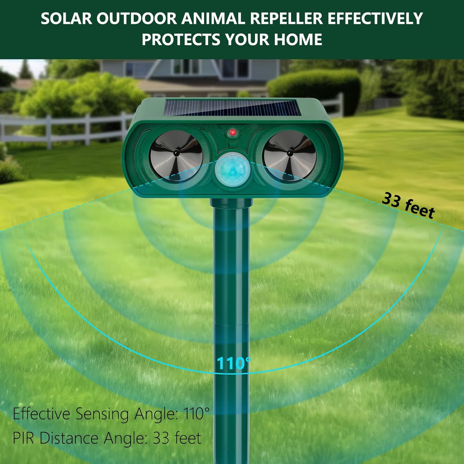 2Pack 2025 Solar Ultrasonic in Repellent Defender Rat, Squirrel, Deer, Raccoon, Skunk, Rabbit, Mole, Dog, Cat, Waterproof with Motion Detector for Yard Lawn (2, Green)