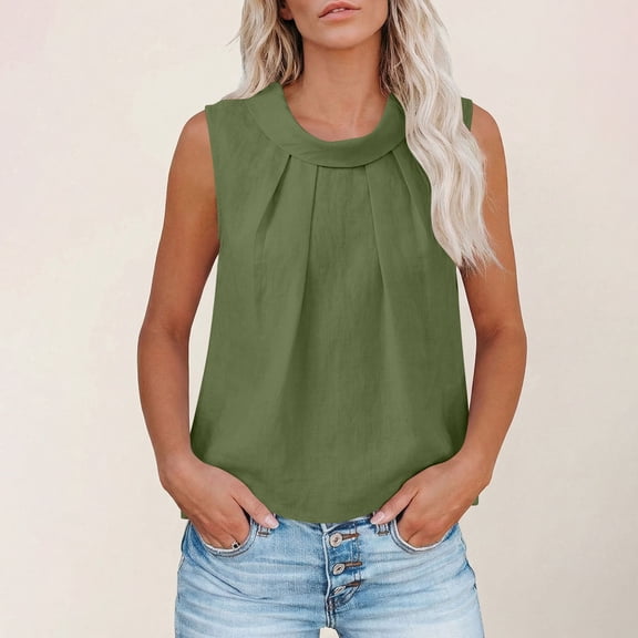 Dolkfu Woman Summer Tops Cotton Linen Smocked Tank Tops Sleeveless Open Back Crew Neck Womens Vacation Shirts L