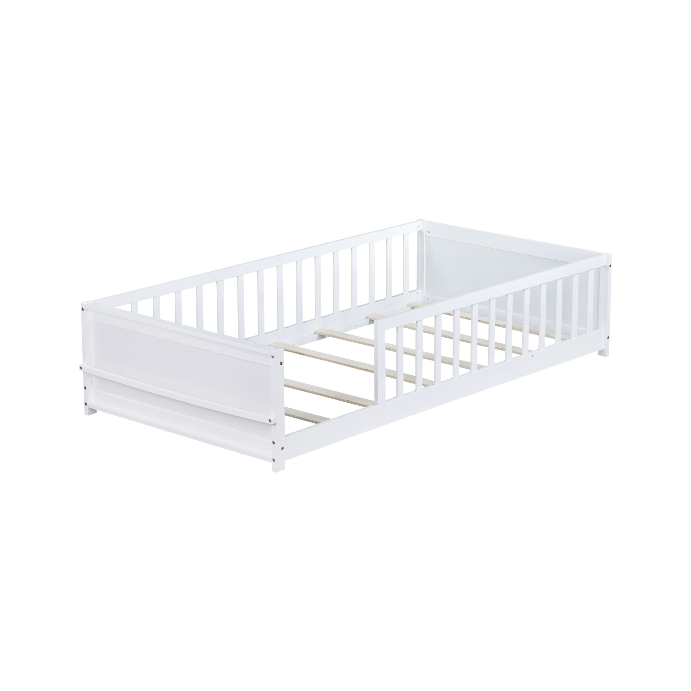 Twin Size Wooden Platform Bed with Safety Guardrails & Built-in Bookshelf, Montessori Kids Floor Bed Frame with Opening