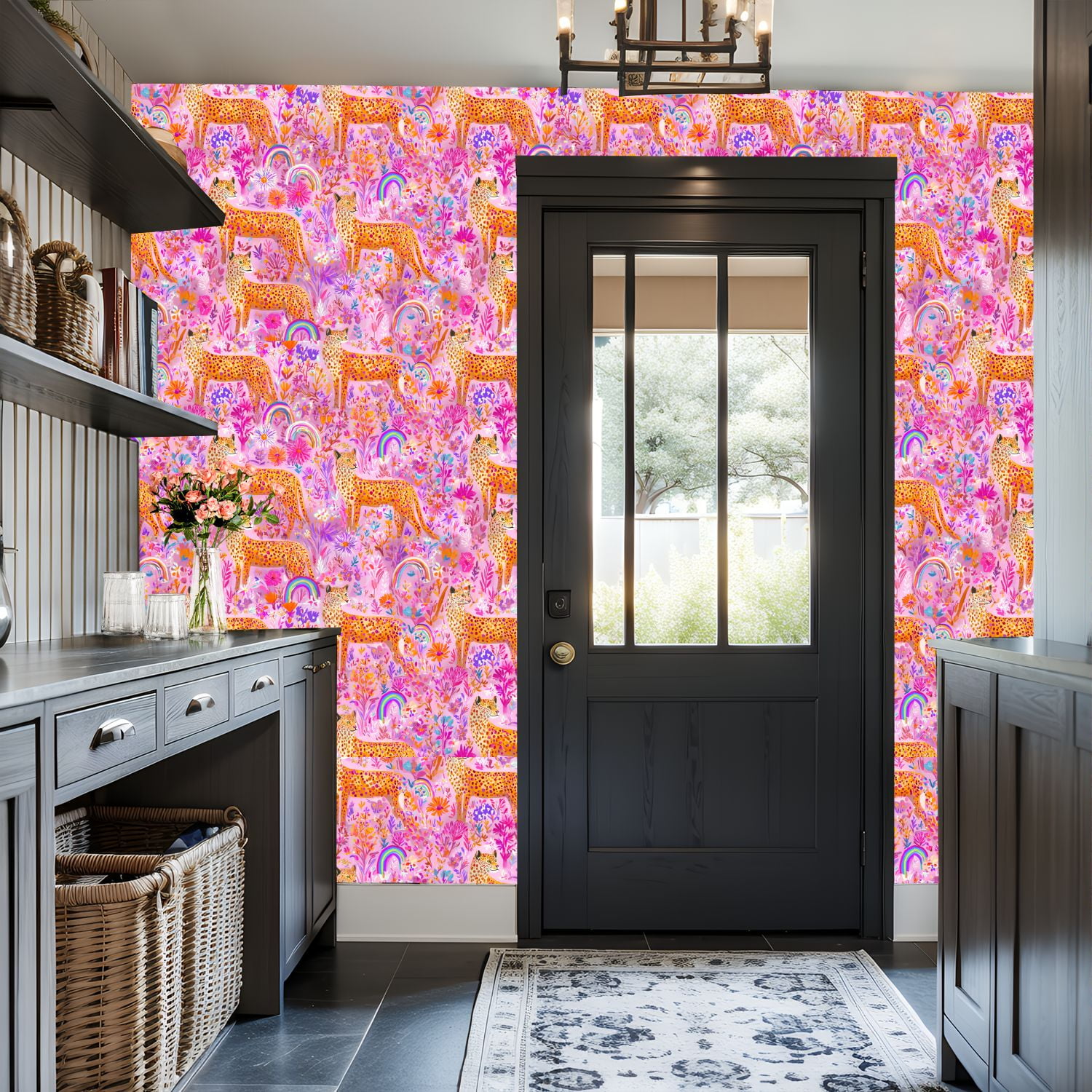 Cheetah Peel and Stick Wallpaper 17.7in x 9.8ft Leopard Print Vibrant Floral Pink Garden Rainbows Contact Paper Vinyl Waterproof Self Adhesive Wall Paper for Bedroom Shelf Cabinet Renter Friendly