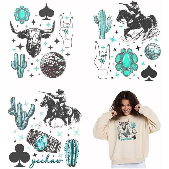4pcs/Set Western Element Iron On T Shirt Transfers Stickers Cowboys Heat Transfer Decals Bull Iron on Patches Stickers Cactus Washable Heat Transfer