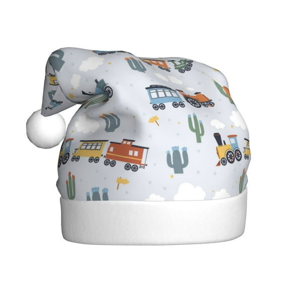 Fuzoiu Trains And Cactuse Print Santa Hat Christmas Hat for Adults,Santa Hats with Pompom, Unisex Xmas Holiday Hat for Christmas New Year Festive Party Supplies
