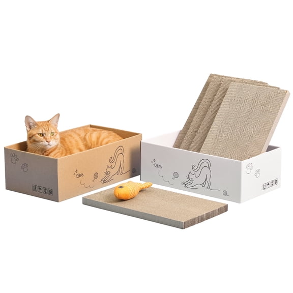 MWPO 5 Pack Cat Scratcher Cardboard, Reversible Corrugated Cardboard Cat Scratching Pad Set with Box and Fish Toy