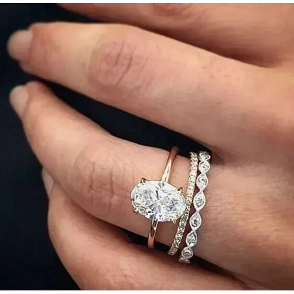 3CT Oval Cut Simulated Diamond Trio Set Wedding Women's Valentine Ring Set 14K Rose Gold Plated 925 Sterling Silver