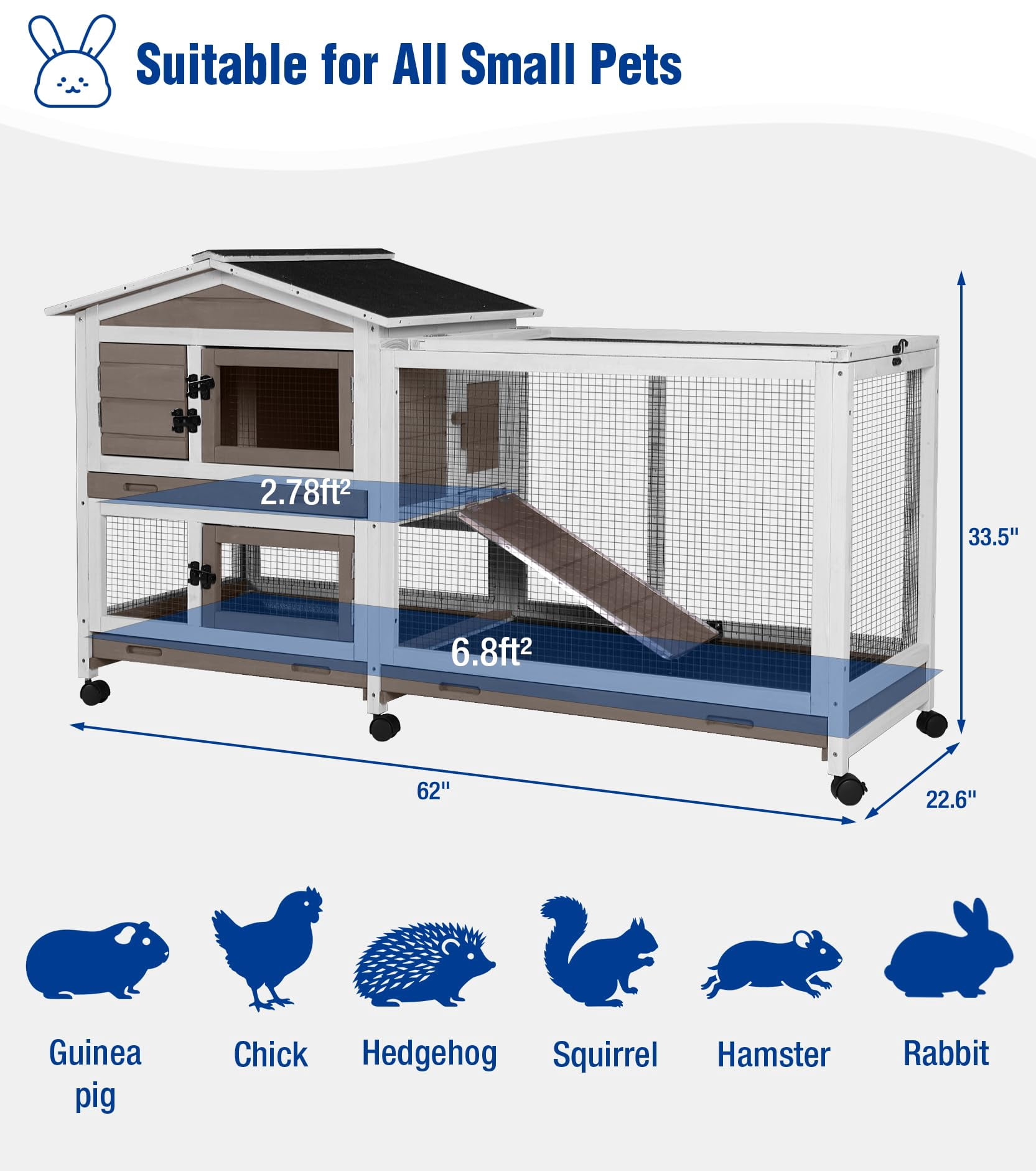 Aivituvin Large Rabbit Hutch Indoor, Bunny Cage Outdoor with Chew-Proof Ramp, 2-Story Guinea Pig Cages with 6 Wheels, 3 Pull-Out Trays, Waterproof Asphalt Roof, 62" L - Coffee