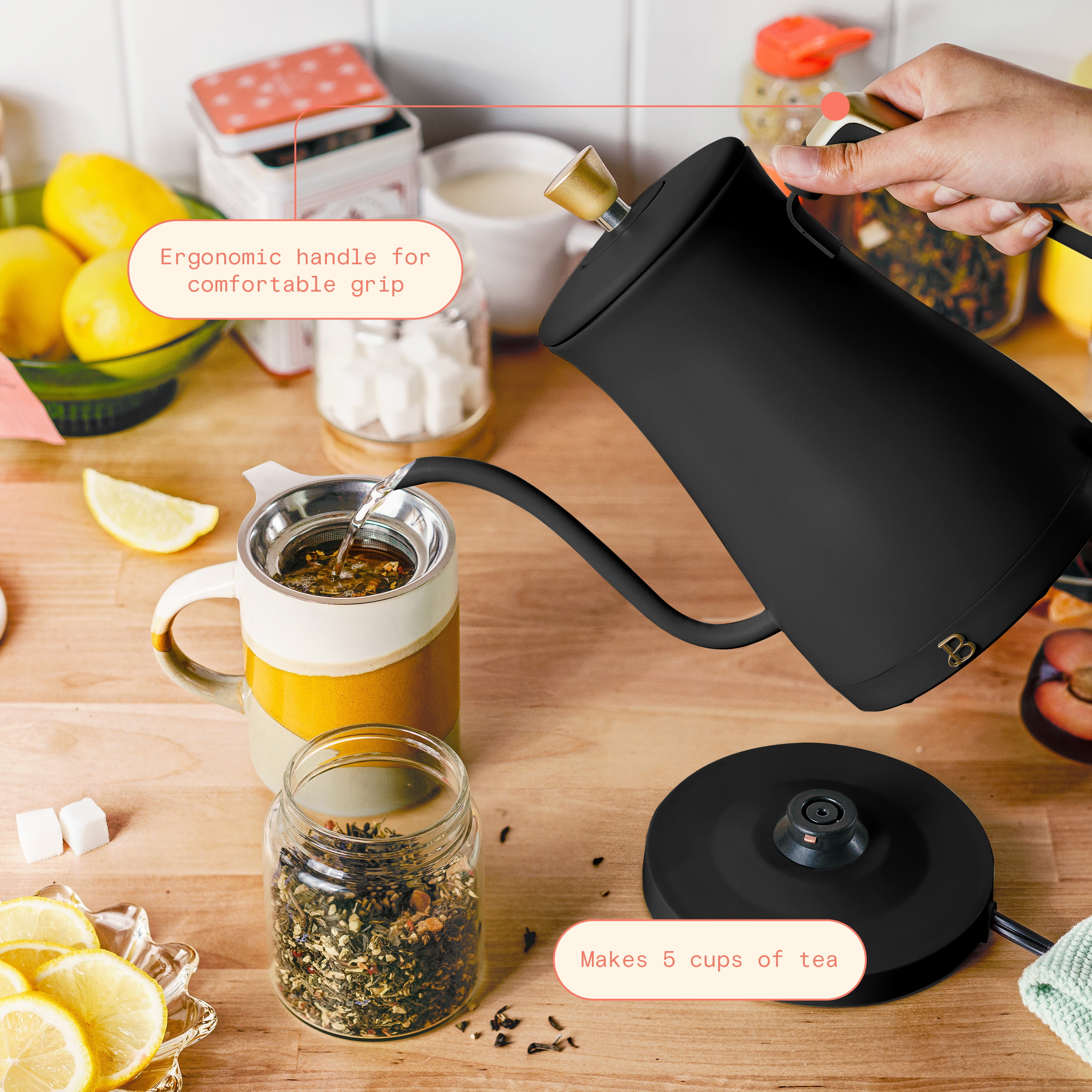 Beautiful 1-Liter Electric Gooseneck Kettle 1200 W, Black Sesame by Drew Barrymore