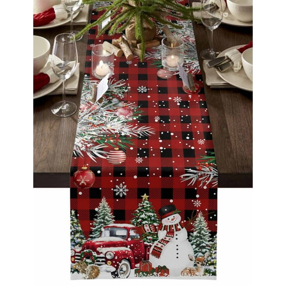 Red Plaid Christmas Cotton Linen Table Runner for Dining Kitchen, Snowman Xmas Truck Balls Tree Wedding Outdoor Party Tablerunners Decoration, Dresser Scarf Coffee Tablecloth Runners 13x120 Inches