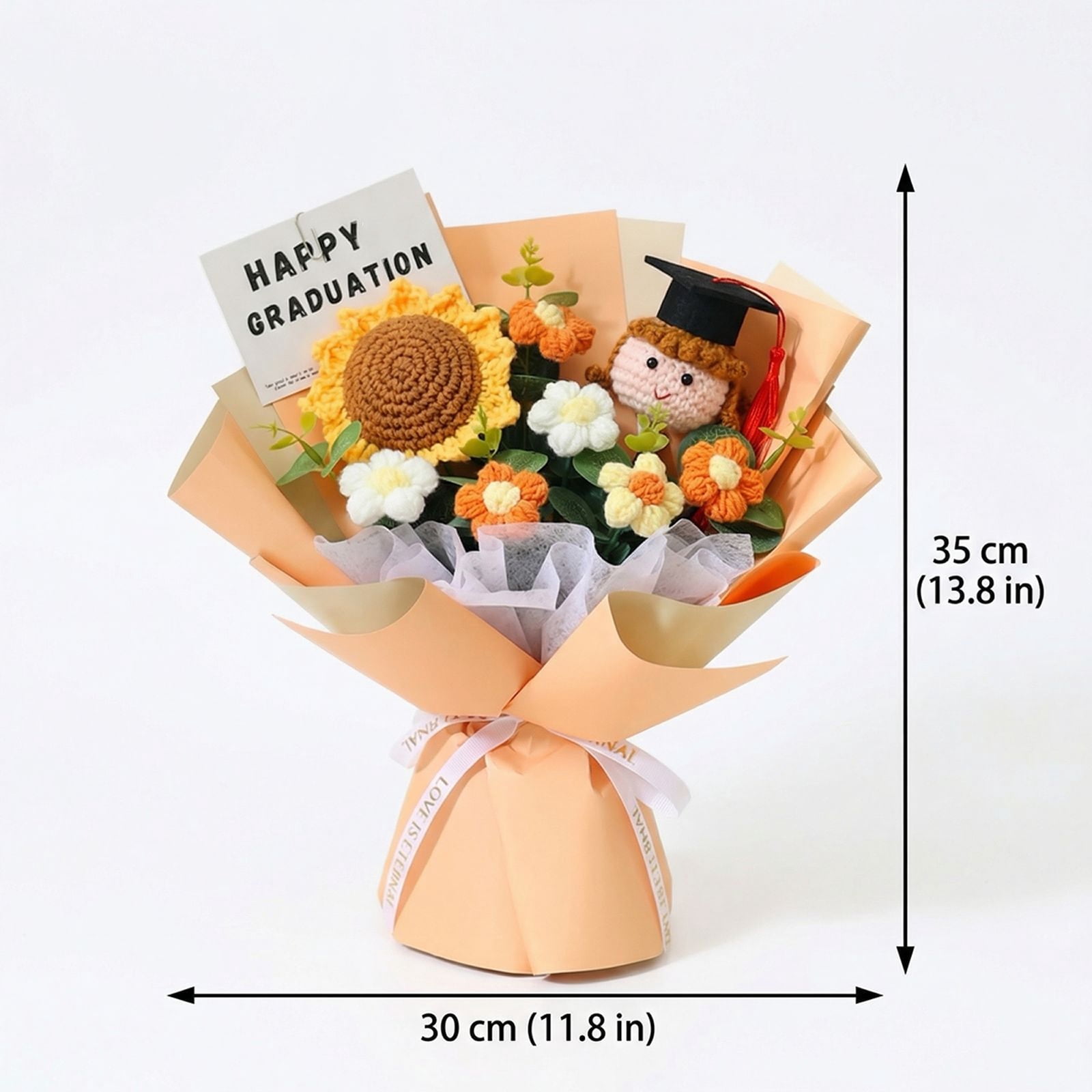 Graduation Season Knitted Wool Flower Bouquet with Sunflower Puff Design - Blue Color, Includes "Happy Graduation" Card and Mini Graduation Cap Decor - For Graduation Gift, Adult Ceremony Present, Gi