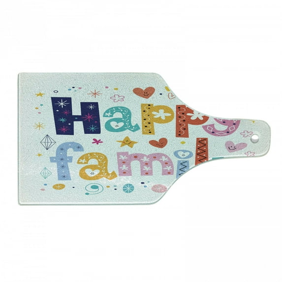 Family Cutting Board, Happy Family Letters with Flowers Hearts Stars Dots Circles Cartoon Like Art, Decorative Tempered Glass Cutting and Serving Board, Wine Bottle Shape, Multicolor, by Ambesonne