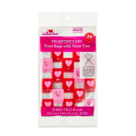 Valentine's Red Checks Cello Mini Party Treat Bags with Twist Ties 4"x6", 20 Ct, Way To Celebrate