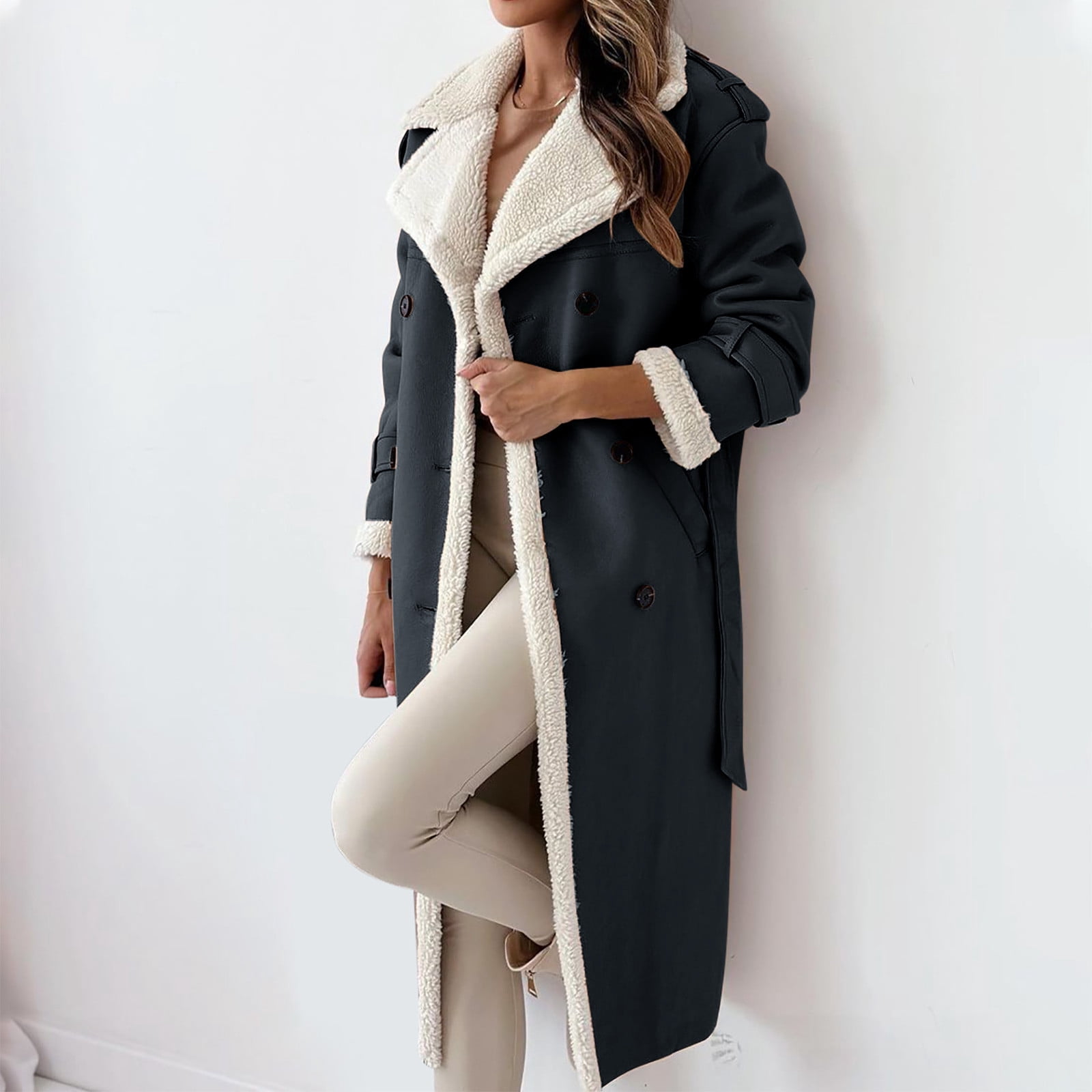 APEXFWDT Women Shearling Sheepskin Faux Leather Coat Long Winter Warm Sherpa Lined Jacket Notch Collar Button Down Trench Coat with Belt