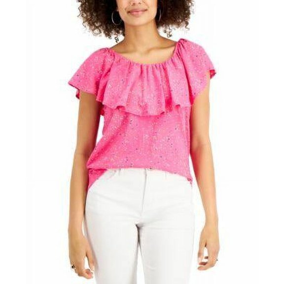 Style Co Printed Ruffled Top Fuchsia Party Pink Size XL