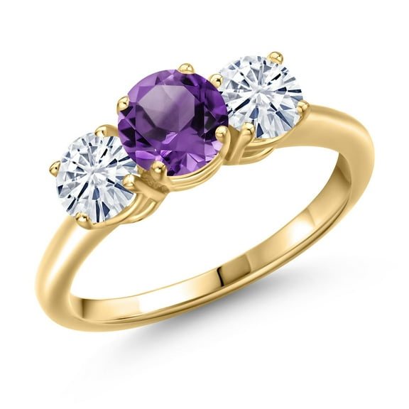 Gem Stone King 18K Yellow Gold Plated Silver Purple Amethyst and White Moissanite Engagement Ring for Women | 2.00 Cttw | Round 6MM | Gemstone February Birthstone | Size 6