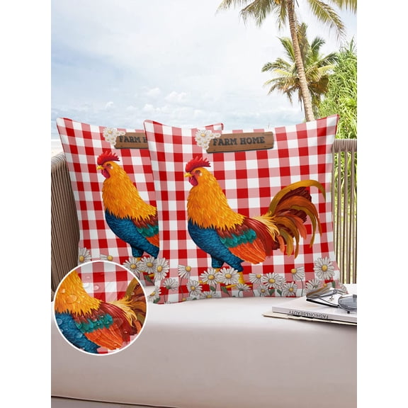 Outdoor Throw Pillow Cover Farmhouse Rooster Daisy Buffalo Check Plaid Waterproof Cushion Covers 2 Pack Red White Pillow Cases Home Decoration for Patio Garden Couch Sofa