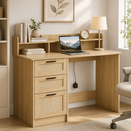 LAZZO 47" Wooden Computer Desk, Boho Home Office Writing Desk with Rattan Drawers, Hutch and Monitor Stand for Bedroom and Living Room